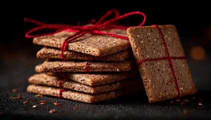 Festive Stack of Seed Crackers Tied with Red Ribbon.
