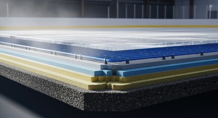 Obraz premium Crosssectional illustration showing layered assembly of icerink floor including refrigeration pipe grid insulation and concrete slab for professional cooling system.