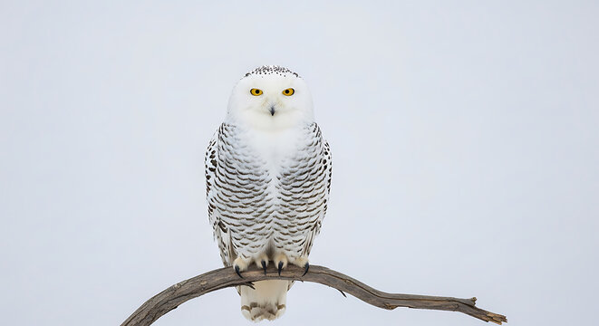 A snow owl perches on a branch against a white background