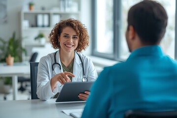 A smiling female doctor consulting with a male patient in a modern medical office