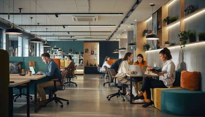 A diverse group of professionals working on laptops and collaborating in a modern vibrant coworking office environment