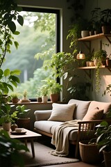 modern living room with forest view