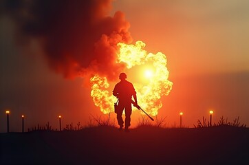 Silhouette of Soldier Walking Towards Explosion at Sunset