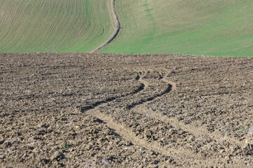 Close-up of Freshly Plowed Soil with Tire Tracks: Agricultural Land in Cukurova Prepared for Sowing with Rolling Green Hills and Field Boundaries in the Background
