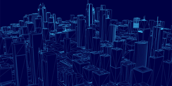 A 3D wireframe city pack features tall skyscrapers and detailed building structures against a dark blue background.