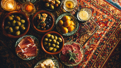 Delicious Tapas Spread on a Colorful Rug - A Culinary Delight.