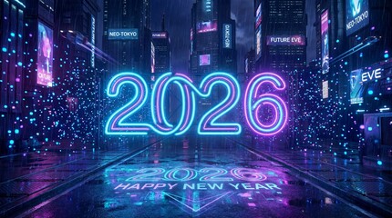 Neon 2026 Happy New Year in Futuristic Cyberpunk City at Rainy Night 3D Render