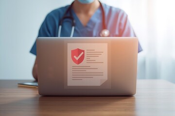 A healthcare professional sitting behind a laptop with a secure document on the screen
