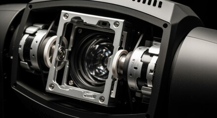 Detailed shot of lens adjustment mechanism inside movinghead fixture illustrating mechanical precision during technical lighting setup.