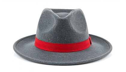 A gray fedora hat with a contrasting red band sits isolated on a white background