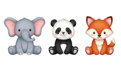 Obraz premium Adorable Cartoon Animal Friends - Elephant, Panda, and Fox