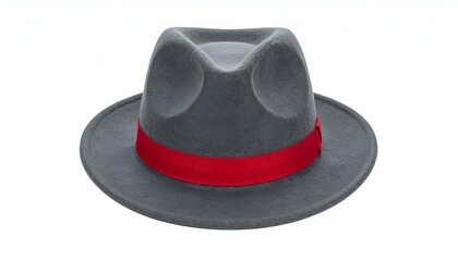 A gray fedora hat with a red band sits against a pure white background, angled slightly