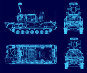 A detailed blueprint of a military anti-aircraft missile system, specifically a tank, presented as a technical vector illustration on a solid blue background.