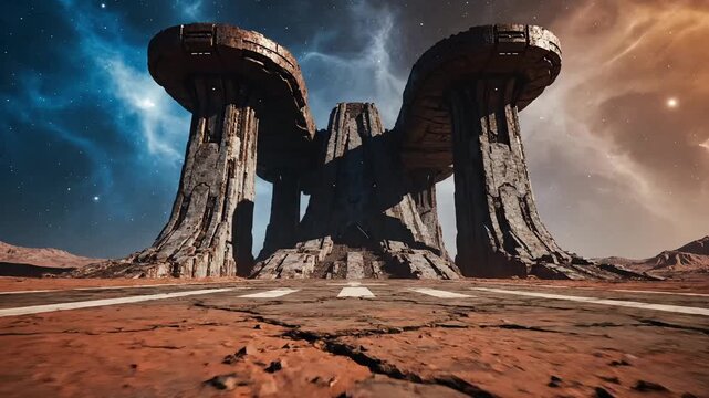 Cinematic Epic View of a Massive Sci-Fi Landing Gateway or Alien Structure on a Desolate Red Planet Landscape, Symbolizing Forgotten Ancient Civilization and Future Exploration Journey.
