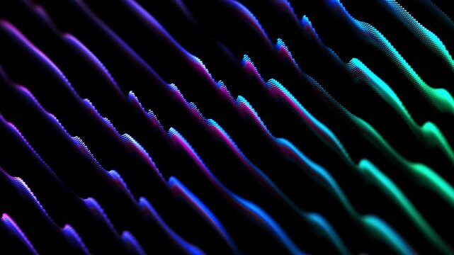 Flowing digital waves made of glowing particles with smooth neon gradient on black background. Abstract visualization of artificial intelligence, big data and digital sound waves. 4K, smooth animation