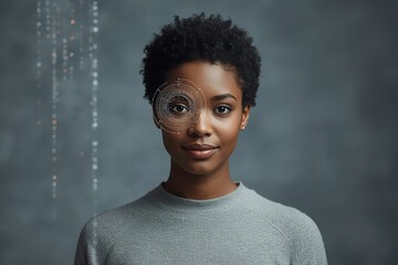 A young woman with short hair and a futuristic digital overlay on her face