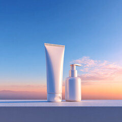 Minimalist Skincare Product Mockup Against a Vibrant Sunset Sky.