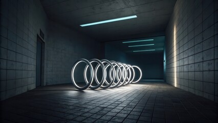 A futuristic tunnel illuminated by glowing neon circles, creating a modern and abstract pathway.