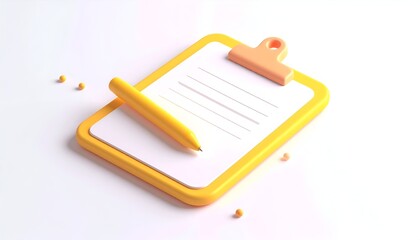 A minimalist 3D rendering of a clipboard with a pen, set on a white surface