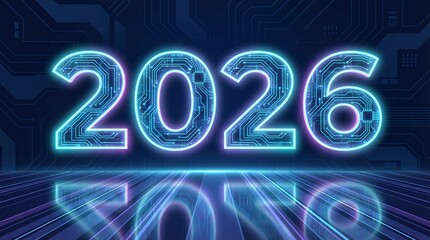 Glowing Neon 2026 with Circuit Board Texture and Reflection on Dark Futuristic Background