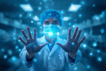 A scientist in a lab coat and mask interacts with a futuristic digital interface in a high-tech laboratory setting.