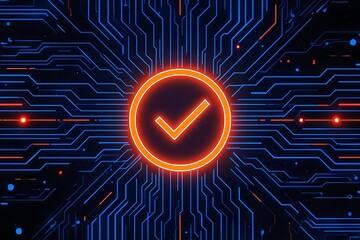 A glowing orange checkmark on a futuristic blue circuit board background