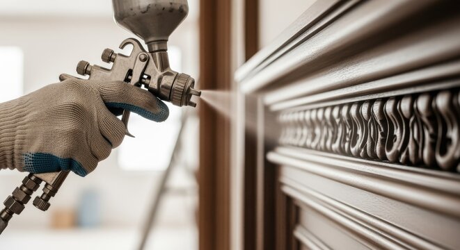 Detailed shot of a workers gloved hand holding an HVLP sprayer applying a thin uniform coat of paint to intricate trim details indoors.