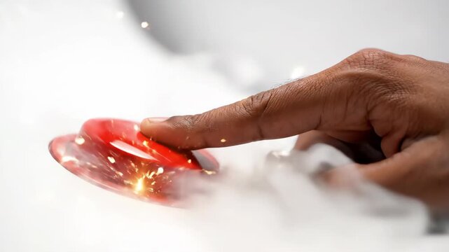 Hand Pressing Red Button Triggering Electrical Sparks on White Background