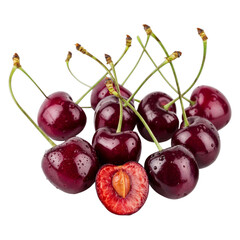 A cluster of vibrant dark red cherries with stems and one halved cherry on transparent background