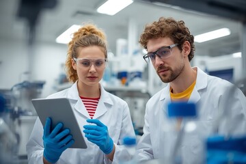 Two scientists in lab coats and gloves examining data on a tablet in a laboratory setting.
