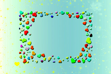 Colored hearts frame on light blue with sparkles