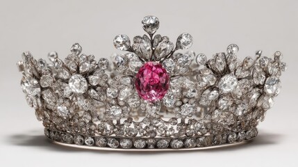 A luxurious diamond tiara with a pink gemstone centerpiece on a gray background