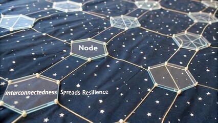A networked arrangement of transparent hexagonal prisms on a dark, star-filled background illustrating connections and resilience