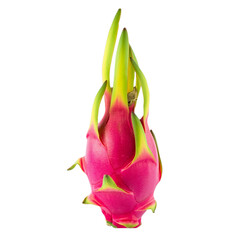 A vibrant pink dragon fruit with bright green scales is displayed in a close up shot on transparent background