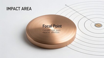A single, perfectly smooth, polished bronze disc placed on a white background with text overlay indicating 'Focal Point'