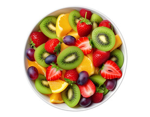 A vibrant overhead shot of a white bowl filled with assorted fresh fruits on transparent background