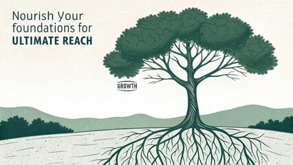 A strong, deep-rooted tree with expansive branches symbolizes growth and natural strength in a minimalist landscape.