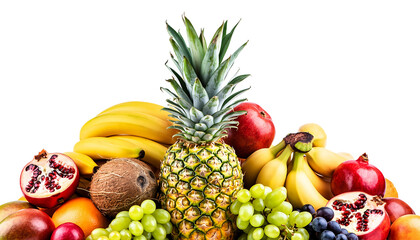 A vibrant arrangement of tropical fruits including pineapple bananas pomegranates and grapes on transparent background