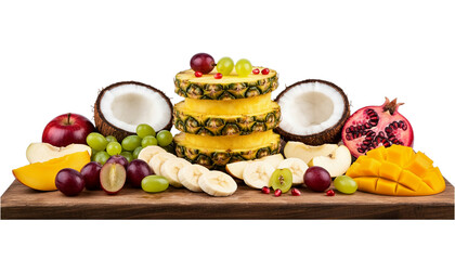 A vibrant arrangement of tropical fruits including pineapple mango grapes and coconut on transparent background