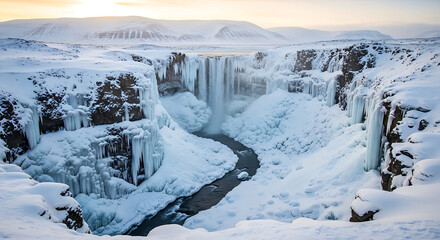 A breathtaking frozen waterfall surrounded by snow-covered mountains and cliffs at sunrise