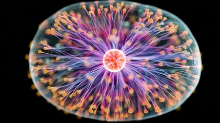 A mesmerizing plasma globe captures the intricate dance of electricity, filaments glowing with vibrant hues of purple, orange, and red against black.