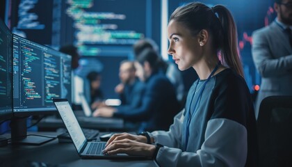 A focused woman developer typing on her laptop amidst glowing screens in a modern technology office
