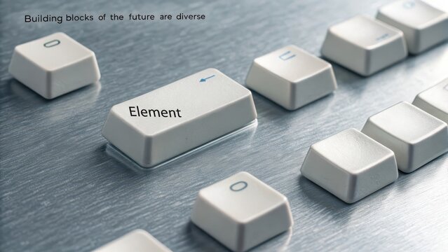A single keycap labeled Element among many scattered on a cool metallic surface, representing core components of technology and digital interaction. - Powered by Adobe
