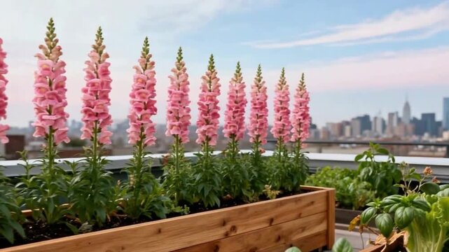 Row of Flawless Pink Snapdragons Antirrhinum in Cedar Planter Box: Rooftop Terrace With Blurred City Skyline & Midday Diffused Light