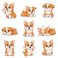 Set of cute pembroke welsh corgi puppy stickers in nine various poses, including sitting sleeping and waving isolated on transparent background