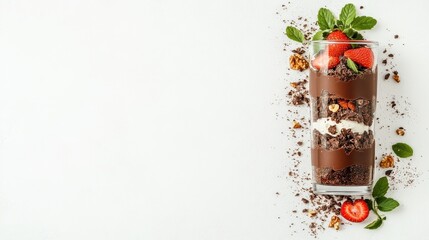 Healthy plant based chocolate parfait layering rich cream, crunchy nuts, fresh strawberries and mint in a glass on a white table. Vegan treat.