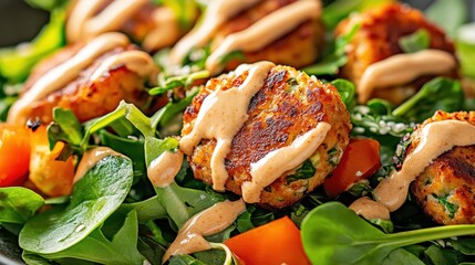 Golden plant based veggie patties served on fresh green salad leaves with vibrant diced tomatoes and creamy dressing. Delicious healthy vegan meal.