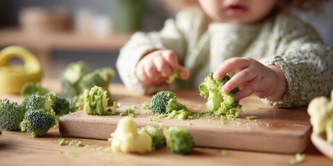 Toddler's hands playing with fresh broccoli on wooden table, promoting healthy eating, early development and sensory exploration in a cozy kitchen environment.