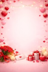 A romantic Valentine's Day scene with hearts, flowers, and gifts