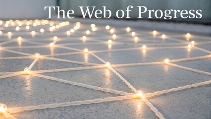 Intricate interlocking pathways formed by illuminated strings creating a bright network on a textured surface